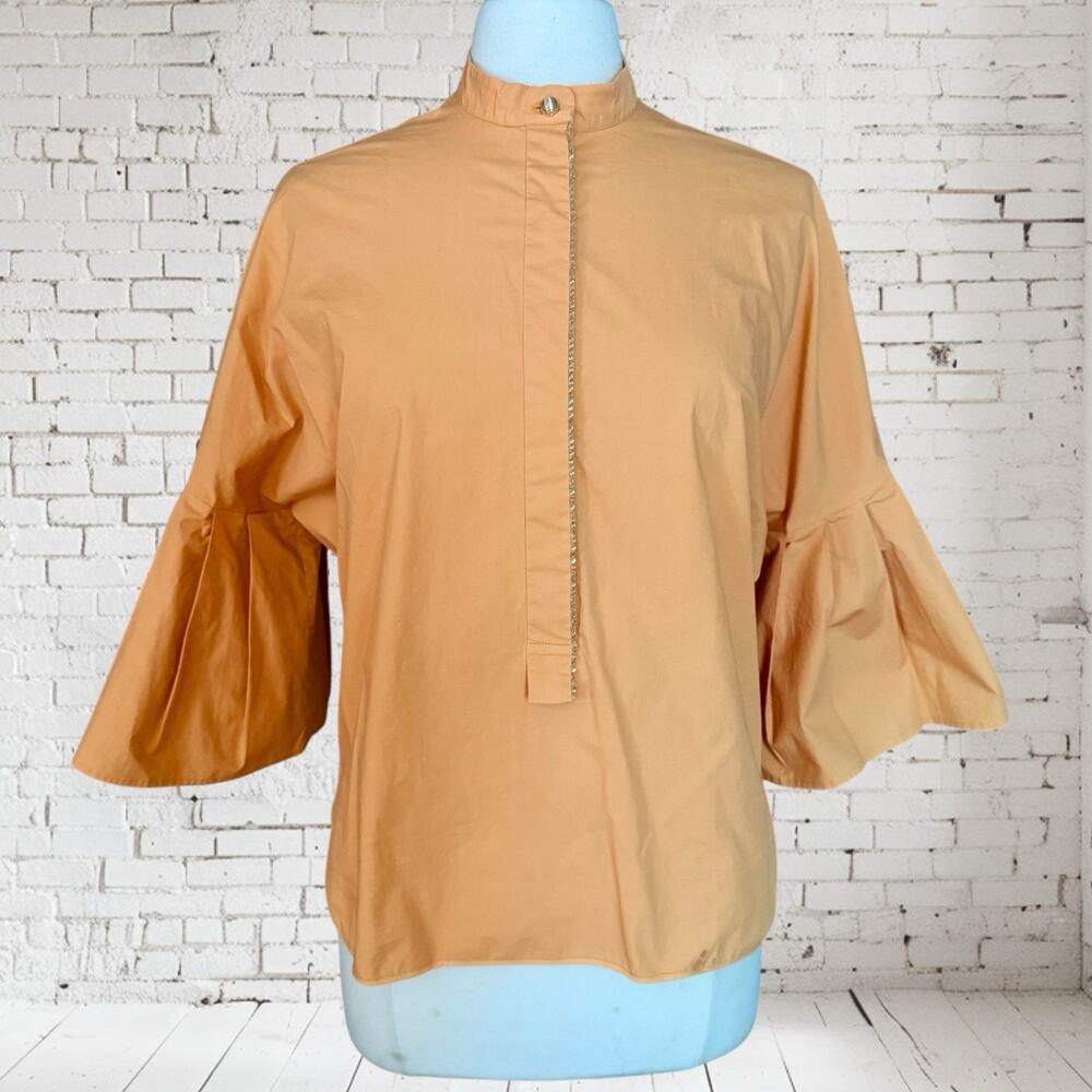 Genny Made In Italy Blouse Top Sz 4 Pleated Flared Sleeves Metallic Trim Poplin